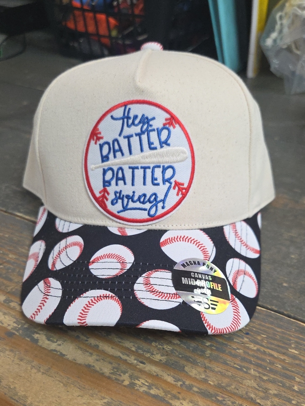 Baseball Print Canvas Mid-Profile Snapback Cap - Cream & Black